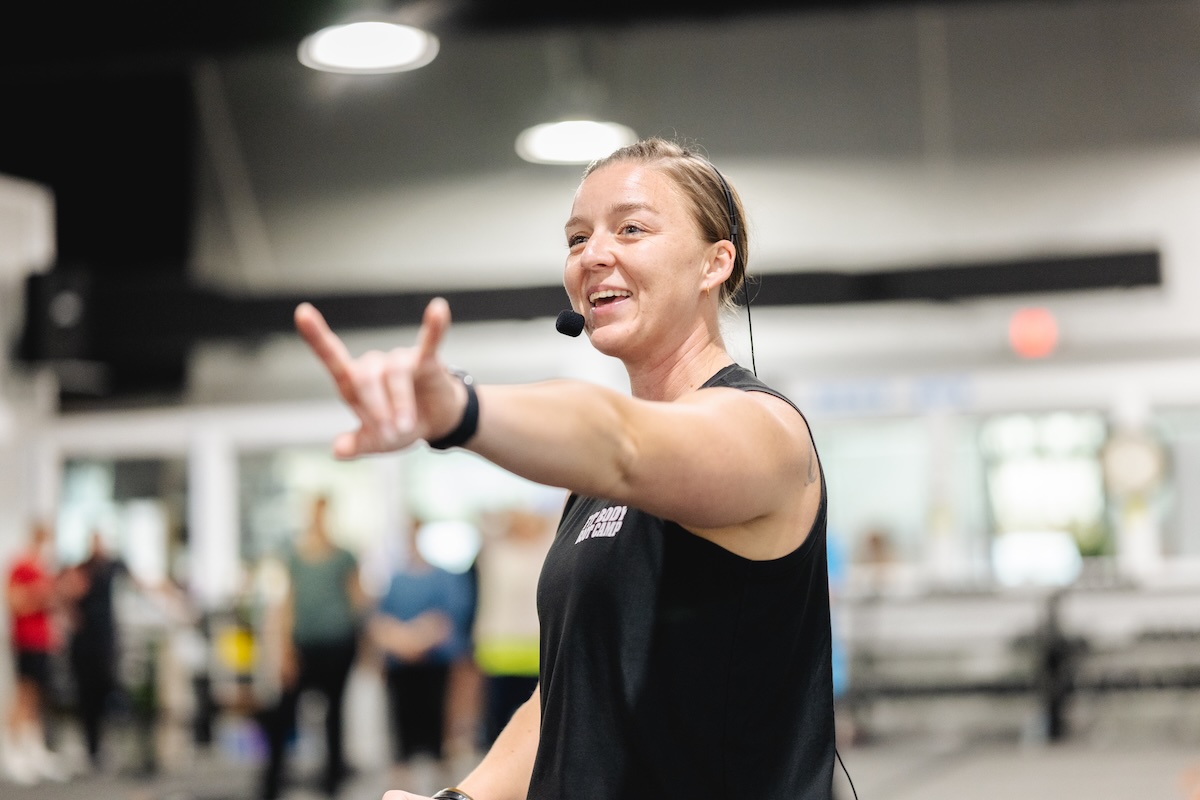 Fitness coach leading a Fit Body Boot Camp personal training class.